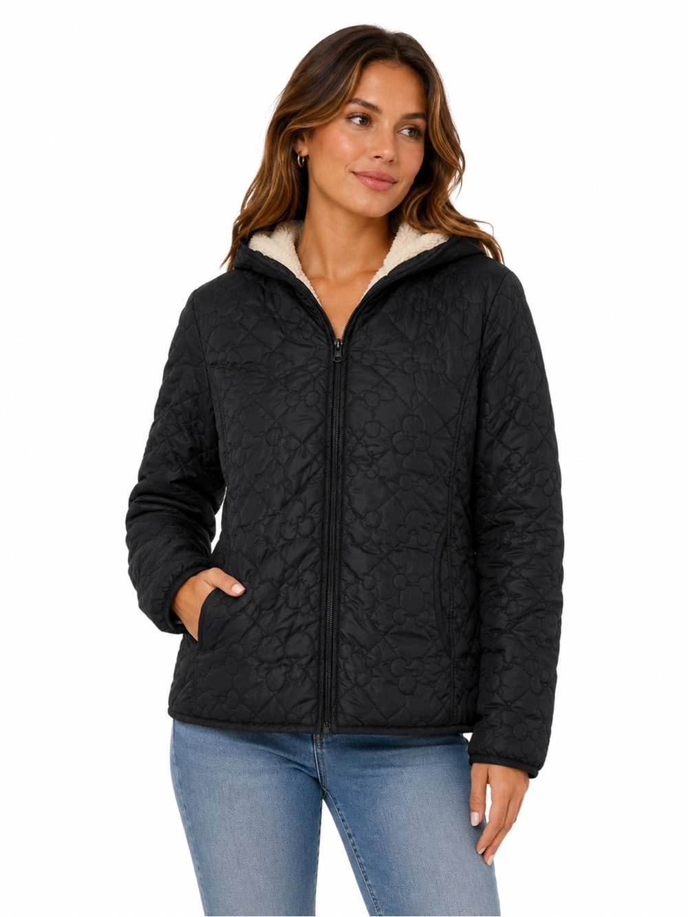 Disney Parks Mickey Mouse Quilted Sherpa Lined Hooded Jacket Black M